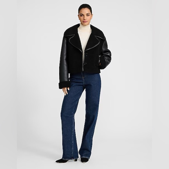 NWT Black Shearling & Leather Jacket sheep coat superdown anja bomber l’academie - Picture 5 of 10